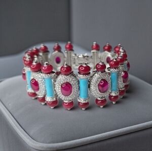 Exquisite Silver Oval Ruby Glass Cabochon Turquoise Enamel Pave Crystal Bracelet